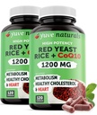 Levadura roja arroz 1200 mg cápsulas con CoQ10 - Mantener niveles saludables de colesterol, Herbal Heart Health Vegan rojo levadura suplemento - Levadura de arroz rojo con CoQ10 para hombres de mujer - 120 Ct (2-Pack)