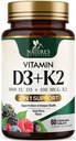 Vitamina D3 K2 Suplemento TENIDO 5000 UI D3 + K2 100 mcg TEN MK-7 K2 con vitamina D ANTERIENTE Apoyo Immune, Heart, Teeth & Bone Health - Nature's Easy to Chew, VIT D3 K2, Non-GMO, Tasty Berry Flavor - 60 Tablets