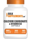 BulkSupplements.com Carbonato de Calcio &amp; Vitamina D3 Softgels - Calcio y Vitamina D3, Calcio &amp; D3 Suplemento para Immune Support - Gluten Free, 2 Softgels por Serving, 360 Conde (Pack of 1)