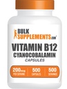 BulkSupplements.com Vitamina B12 Capsules - como Cianocobalamina, Vitamina B Suplemento, Vitamina B12 200 mcg - Vitaminas energéticas, Gluten Gratis, 1 cápsula por ser, 500 cápsulas (Pack of 1)