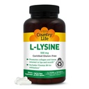 Country Life L-Lysine 500mg con B-6, apoya la salud inmune, promueve la renovación del colágeno en los labios y la boca, 250 cápsulas veganos, galleta certificada gratis, certificada Vegan