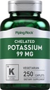 Piping Rock Chelated Potassium Suplemento 99mg  250 Caplets peru Potassium Gluconate ← Vegetarian, Non-GMO, Gluten Free