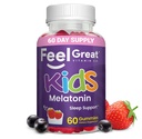Feel Great Kids Melatonin Gummy ← Strawberry Flavored Melatonin Gummies Kids ← 1 MG de Melatonin Sleep Aid for Kids ← Vegan Gummies ← 60 Day Supply