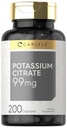 Carlyle Potassium Citrate Suplemento TEN 99mg ANTE 200 cápsulas TENIDO NO GMO Y Gluten Gratis
