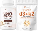 Micro Ingredientes Vitamina D3 5,000iu + K2 100mcg Softgels & Lions Mane Suplemento 240 Veggie Capsules Bundle 2 Pack ← Esencial Sunshine Vitaminas ← Superfood Mushroom Antioxidantes con L-Ergothioneine