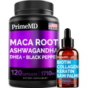 4-en-1 Liquid Biotin Collagen Keratin Saw Palmetto Drops (2 fl oz - 1 Pack) & 6-in-1 Maca Root Ashwagandha w Black Pepper Fruit (120ct) Bundle - Hair, Skin, Nails, Energy &amp; Mood Support Supplement