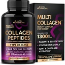 Multi Collagen Peptides - Hidrolyzed Tipos I, II, III, V & X - Suplemento Collagen para Mujeres 1300mg - w / Ácido Hialurónico, Vitaminas C &amp; E - Skin, Hair, Nails &amp; Joint Support - Made in USA, 120 Capsules