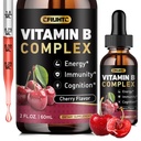 Vitamina B Complejo gotas líquidos, B Vitaminas Suplemento Complejo con B1, B2, B3, B5 B6, B7, B9 &amp; Metil B12 gotas para adultos &amp; niños, Vegan, Cherry Flavor