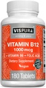 VISPURA Vitamina B12 1000 mcg Methylcobalamin + B6/Acid Alimentario, 180 Tabletas Vegan, Mejor Suplemento para Aumentar Energía, Mejorar el Mood, Sharpen Focus*, Suplemento Orgánico