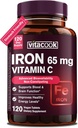 Suplemento de hierro para mujeres hombres, Hierro de alta potencia 65 mg con vitamina C 250mg, píldoras de hierro amigable para la célula de sangre roja &amp; soporte inmunológico, no GMO &amp; Gluten Gratis,120 tabletas Vegan