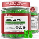 Zinc Gummies + Cobre, Selenium, Vitamina C & D3, Suplementos Zinc fermentados para Mujeres y Hombres con Elderberry para el soporte diario de inmunodeficiencia, potente antioxidante, alta absorción, Vegan, azúcar Gratis, 2 Pack