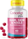 Láminas CONCEIVAs para el cabello &amp; uñas Gummies - Biotina de alta resistencia, VIT A, C, D3, E Vitaminas - Vegan, Suplemento de crecimiento del cabello - Sin gelatina - 60 Conteo