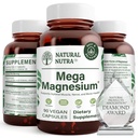 Natural Nutra Mega Magnesio 400mg Suplemento - Alta Absorción Amino Acid Chelate, Mejores Vibes, Citrate, Malate Blend para el Crecimiento del Musculo, Bone Strength, Heart Health, Nerve Support - 90 cápsulas