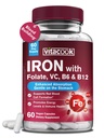 Suplemento de hierro para hombres y mujeres, Bisglycinate de hierro con vitamina C, B6, B12, Folate, Stomach Friendly, Non-Constipating, Blood Health & Energy Boost, 60 caps Vegan