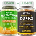 NEVISS 50+ Daily Gummy Multivitamin Algae Omega 3 " Calcio, CoQ10, Magnesio + Vitamina D3 5000IU Gummies 125mcg con Calcio 600mg, K2(MK7) 200mcg
