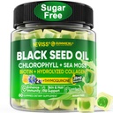 Black Seed Oil Gummies, Chlorophyll & Sea Moss Supplement 500mg, Biotin 500mcg with Hydrolyzed Collagen for Skin, Hair & Nails, Vit E, C, Zinc for General Health, Organic Cold Pressed, High Absorption