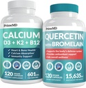 PrimeMD 4-in-1 Suplementos de calcio para Hombres o Corazón, Bone & Body Defenses (120 ct) & 28-in-1 Quercetin con Suplemento Bromelain - Quercetin 500mg Capsules for Immune Defense Support (120 ct)