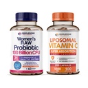 Probióticos de bienestar integral para mujeres 100 millones de UF con prebióticos, enzimas digestivas + vitaminas lipósmicas C capsulas de alta absorción, suplemento de ácido ascórbico