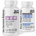 Jóvenes " Tonic PMS " Menopause Bloating Relief Duo – Apoyo para la eficiencia, equilibrio hormonal " Retención fluida – Su equilibrio hormonal + peso del agua Away Herbs Natural for Women, 90 Capsules