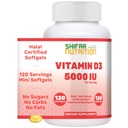 SHIFAA NUTRITION Vitamina Halal D, Vitamina Halal D3, 5000 UI Softgels, 120 Serviciones. No GMO, libre de gluten, soporta: Estructura, huesos, dientes, corazón, músculo &amp; funciones inmunitarias