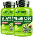 NATURELO Vitamin D3 K2 - Vegan K2+D3 con base vegetal D3 de Lichen - Natural D3 Suplemento para el sistema inmunológico, soporte de huesos, salud cardíaca - alimentación integral - no GMO - Gluten Free, 60 cápsulas (Pack of 2)