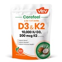 VEV Corefeel Vitamin D3 K2, 10.000 UI D3, 200mcg K2 (con MK7), soporta la salud de los huesos y los dientes, soporte de Nutrientes duales para el bienestar diario, fácil de absorber – 300 cápsulas