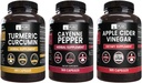 PURE ORIGINAL INGREDIENTES Cayenne Pepper, Turmeric Curcumin, Apple Sider Vinegar Bundle (365 cápsulas)