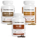 Real Mushrooms Brain, Vitality & Immune Support Bundle - Lion’s Mane Cognition Capsules (120 Capsules) + Reishi 415 Longevity Capsules (90 Capsules) & Cordyceps-M Peak Performance (120 cápsulas)