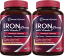 Recetas del médico Suplemento de hierro 65 mg con vitamina C - Absorción máxima " Pastillas de hierro amigas para la formación de células rojas de sangre, corazón, cerebro " Salud de inmunidad - Vegan 120 Tabs (Pack of 2)