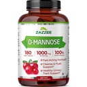 Zazzee D-Mannose, 1000 mg por Serving, 180 cápsulas veganos, 3 meses de suministro, Potente " Actuación rápida, Kosher certificado, 100% Puro, Todo-Natural Urinary Tract Health Support, 100% Vegetariano, No GMO