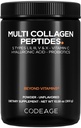 Codeage Multi Collagen Peptides Powder + Probiotics Black Edition, Vitamina C, Hyaluronic Acid Powder Suplemento, Grass-Fed, Hydrolyzed, Zero Carbs, Tipo I, II, III, V &amp; X, Unflavored, 10.58oz