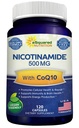 Nicotinamida con CoQ10 (120 cápsulas) - Vitamina B3 500mg (Niacinamide Flush Free) - Coenzyme Q10 Polvo - VIT B-3 &amp; Coq 10 píldoras suplementarias para apoyar la energía, NAD, " Skin Cell Health