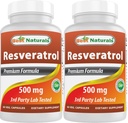 Best Naturals 2 Packs Resveratrol Complex 500 mg 60 Veg Capsules Hecho con piel de uva, vino tinto, quercetina - Gluten Gratis &amp; No GMO - (Total 120 cápsulas)