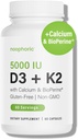Noofric D3 K2 Vitamina 5000 UI - Vitamina K2 100 mcg MK7, Calcium, BioPerine - Bone Health &amp; Immune Support Suplemento - Gluten-Free, Non-GMO - Vitamina D3 K2 Suplemento (60 Serviciones)