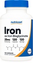 Nutricost Iron Bisglycinate Supplement (25mg) 120 Capsules - de Ferrous Bisglycinate Chelate - Non-GMO &amp; Gluten-Free