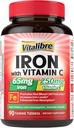 Suplemento de hierro 65 mg con vitamina C, Hierro de Carbonilo Amistoso, Alta Absorción, Una vez al día, apoya la producción de células de sangre roja, libre de gluten, no GMO, 90 Tabletas