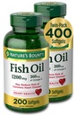 Aceite de pescado abundante de la naturaleza, Suplemento dietético con 360 mg Omega-3, apoya la salud cardíaca, 1200 mg, 200 Softgels (Pack de 2)