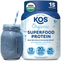 KOS Plant Based Protein Powder, Blueberry Muffin - Organic Pea Protein Superfood con Spirulina e Immune Support Blend. Soy, Gluten, Dairy Free - Vegan Meal Reemplazo para Hombres Mujer - 15 Servimientos