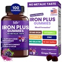 Iron Gummies Suplementos para Mujeres, Hombres y Niños – Health Blood & Energy Support for Iron Deficiency, Anemia, No After Taste- Fresh Grape Flavor- 100 Gummies (50 Days Supply)
