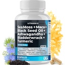 Sea Moss Maca Black Seed Oil Ashwagandha Bladderwrack Turmeric - Manuka Honey, Elderberry, Vitamin C &amp; D3, Dandelion " Black Pepper - Non-GMO - Vegan - Made in USA - 60ct