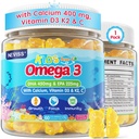 Niños Omega 3 Gummies + Calcio 400mg + Vitamina D3 K2 + C, Omega-3 DHA &amp; EPA Suplemento - No Fish Burps, No Sugar - Niños &amp; Adolescentes Omḛga 3 + Multivitamin Gummy para huesos fuertes, cerebro, inmuno, ojo, 60Cts