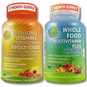 Liposomal Vitamina C 1500mg + Vegan Whole Food Multivitamin Without Iron - Energy & Immune Support Bundle with Organic Acerola Cherry, Camu Camu &amp; Enriched with Whole Foods –Non-GMO, Clean Label