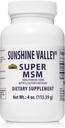 Sunshine Valley® Super MSM Suplemento - Methylsulfonylmethane MSM cristales Polvo para soporte conjunto, uñas, cabello &amp; piel salud - 100% Polvo puro, saboreado, suplemento dietético - 4 oz