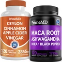 5-in-1 Ceylon Cinnamon w Apple Sider Vinegar, Turmeric, & Ginseng Root (120ct) & 6-in-1 Maca Root Ashwagandha w DHEA & Black Pepper Fruit (120ct) Bundle - Energy, Mood, &amp; Immune Support Supplement