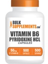 BulkSupplements.com Vitamina B6 Capsules - Piridoxina HCl, Vitamina B6 50mg - 1 Cápsula por ser, 500 cápsulas (Pack of 1)