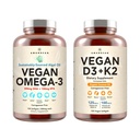 Vegan Powerhouse Combo. Omega-3 de Algal Oil & Vitamin D3 + K2. Planta-Basada 5000 iu VIT D de Algae. 100 mcg All-Trans MK-7 Vita K. Carrageenan Free Veggie Softgels.