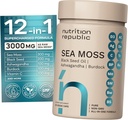 Suplemento de Moss Mar, Moss Mar con aceite de semilla negra, Ashwagandha y Burdock Root, Suplemento multimineral con vitamina C, 60 cápsulas de verduras
