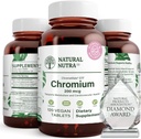 Natural Nutra GTF Chromium Polynicotinate con ChromeMate, soporta el metabolismo corporal, ayuda la salud del corazón, mantener el nivel de grasa corporal, mejorar la digestión, la salud cardiovascular, 200 mcg, 120 tabletas Vegan