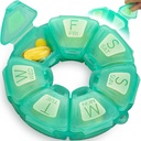 Organizador semanal redondo, TPU Rubberized, Contenedor de píldoras de viaje 7 Día, con 7 grandes compartimientos, Grande para suplementos diarios de vitaminas, Cute Pill Case con letras grandes y Braille (Green)
