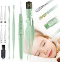 Herramientas de eliminación de la cera del oído, 9 herramienta de limpieza del oído,Elija con 2 luces LED,Retirador de la cera del oído USB para niños y adultos